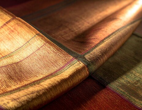 Macro Close Up of Woven Indian Silk Saree Fabric with Zari Border