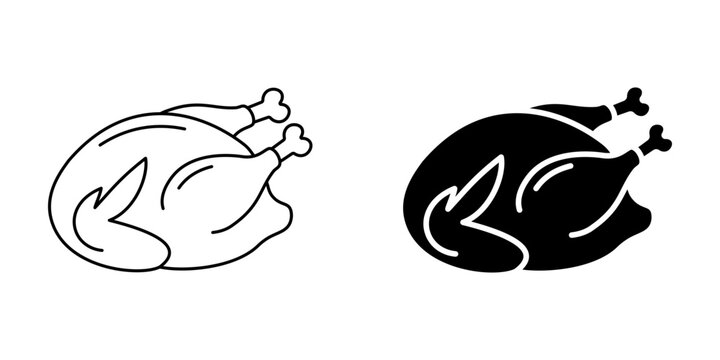 Roast turkey icon for thanksgiving dinner food celebration flat outline and silhouette in black
