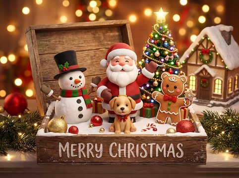 Santa Claus snowman gingerbread house and dog celebrating Christmas