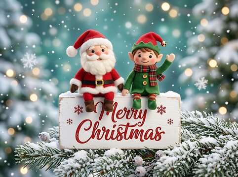 Santa and elf figurines celebrating Christmas on wooden sign with