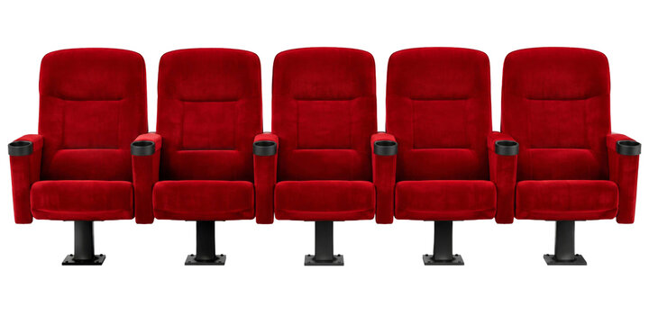 Row of five plush red velvet cinema seats with black cup holders on a clean white background