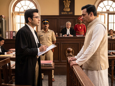 Indian Male Lawyer Questioning Witness in Indian Courtroom