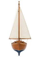 Detailed wooden model of a classic sailboat isolated against a clean white background studio © Sapphire