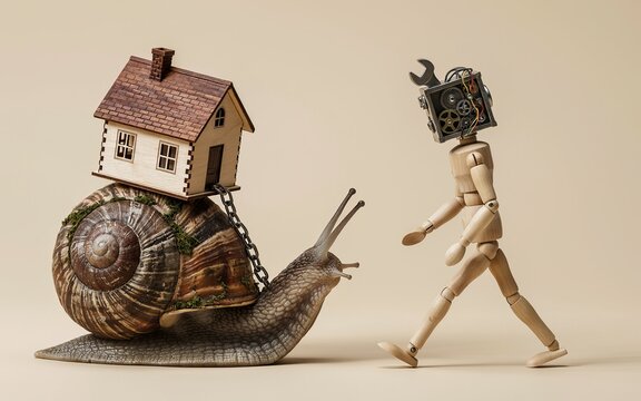 Snail carrying a miniature house with a wooden mannequin robot, stop motion style