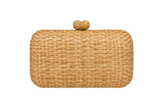 Elegant woven rattan clutch bag with a natural texture isolated on a clean white background
