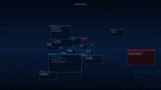 Terminal system Floating in 3D Cyberspace Grid with Red Security Alert Panel for Cyber Attack Simulation and Hacker Threat Defense Sequence