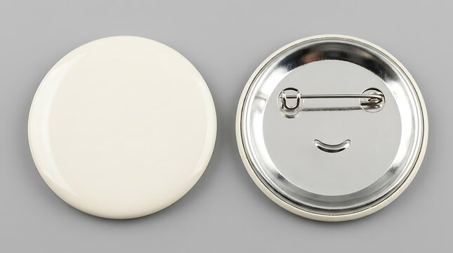 Blank white round button pin badge showing the front side and the back side with a metal safety pin closure mechanism