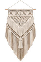 Handmade macrame wall hanging with intricate woven patterns and long decorative cotton fringe © Sapphire