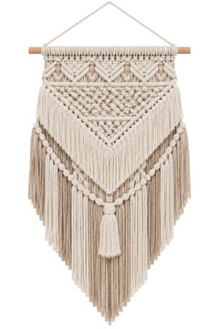 Handmade macrame wall hanging with intricate woven patterns and long decorative cotton fringe