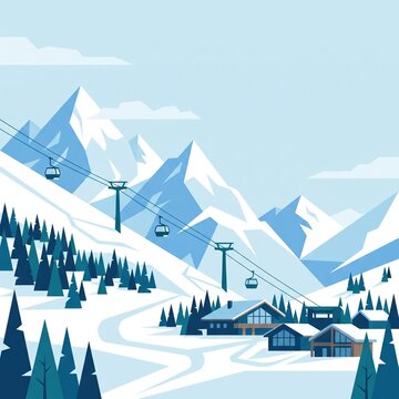 Minimalist flat vector illustration of a modern mountain peaks and a cable car.