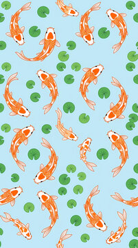 Seamless pattern of orange koi fish swimming in a blue pond with green lily pads.