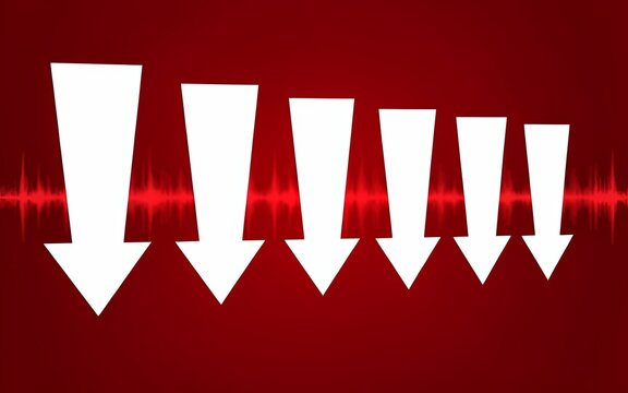 Six white downward pointing arrows on a dark red background, with light wave