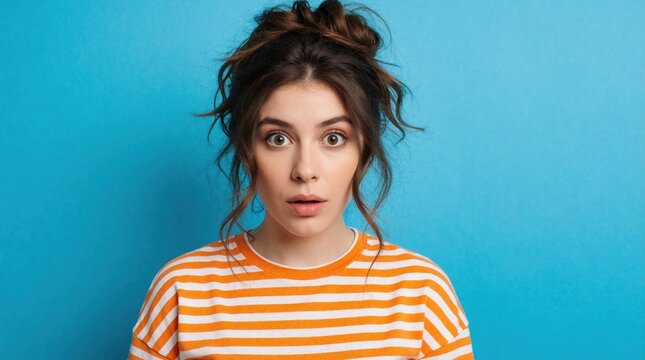 Young woman shows shocked face expression with wide eyes, open mouth. Female in orange striped shirt looks surprised against bright blue background. Candid portrait of stunned girl reacting to