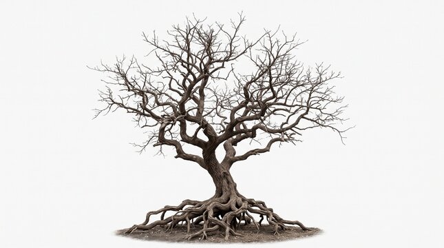 Bare leafless twisted tree with exposed roots