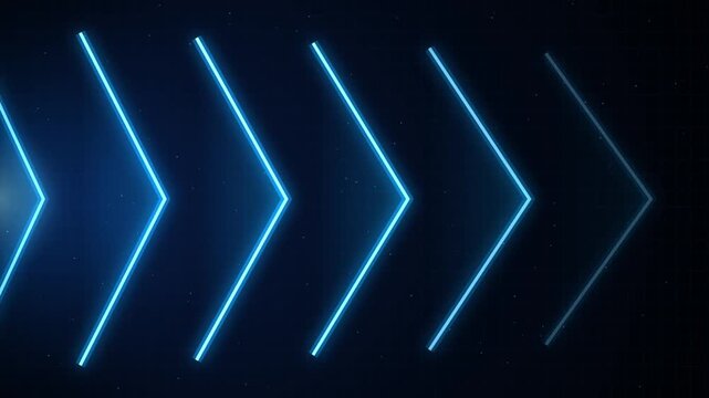 Minimalist blue neon arrow directional signs pointing right arranged in a sequence against a dark digital grid background representing progress growth and navigational flow in technology interface