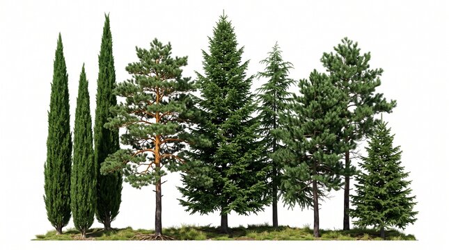 Collection of tall green cypress and evergreen trees