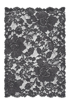 Elegant black floral lace fabric with intricate botanical patterns on a white background