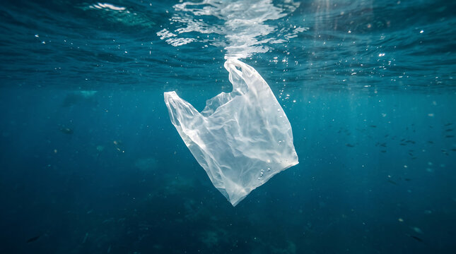 Single-use plastic bag floating underwater in polluted ocean highlighting marine pollution crisis.