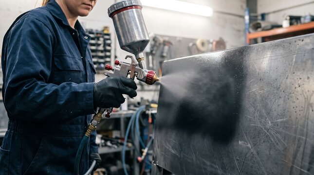 Industrial spray painting metal surface in workshop, professional painter applying black paint coating with spray gun, metal fabrication finishing process