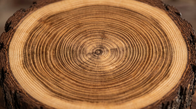 Close-up of tree trunk cross-section showing annual growth rings and wood grain patterns.