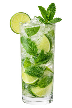 Refreshing mojito cocktail with fresh lime slices and mint leaves in a tall glass on white