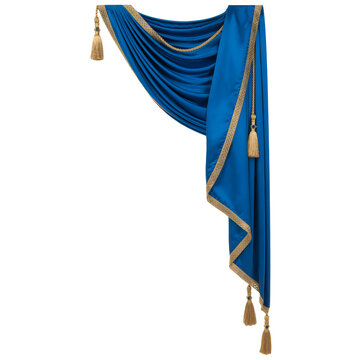 Blue velvet curtain swag with gold tassels isolated on transparent background for luxury interior design tassel drapery trim cutout png decor textile fabric ornate elegant classic window valance drape