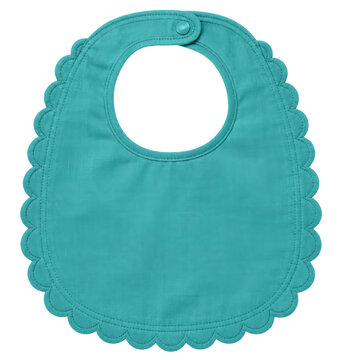 Teal baby bib with a decorative scalloped edge isolated on a clean white background for design