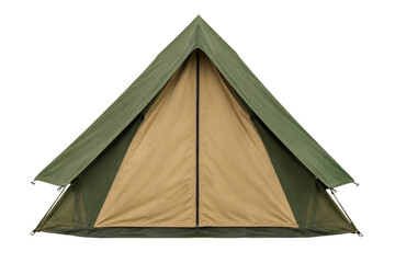 A classic A-frame canvas camping tent in olive green and tan isolated on a white background © Sapphire