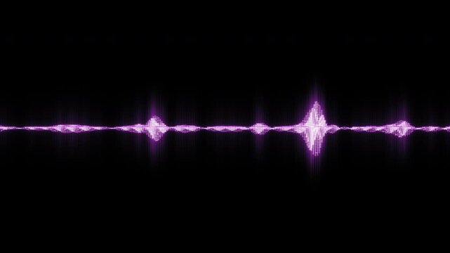Soft violet LED particle audio waveform animation, rhythmic spectral vibration of tiny luminous pixel stream tracing a slender sound wave on a deep black background