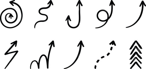 Fototapeta premium Set of hand-drawn black upward arrows in various sketch styles for progress and direction concepts