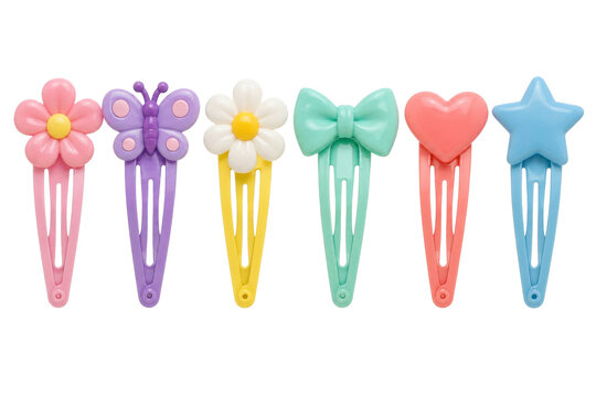Set of colorful plastic hair clips with cute shapes arranged in a row on a white background