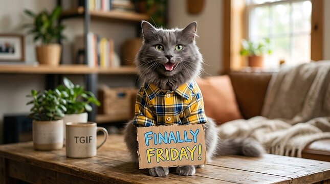 A cute grey fluffy cat wearing a plaid shirt holding a sign that says finally friday while sitting at a home table