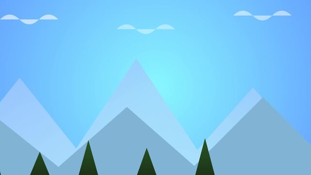 Stylized mountain landscape with pine trees beneath blue sky