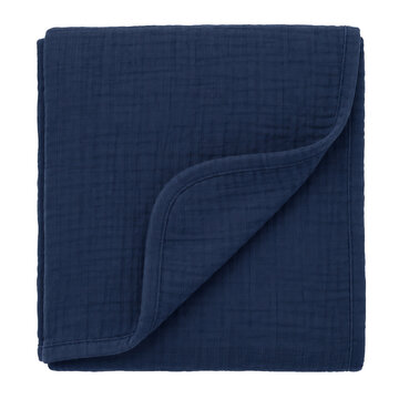 Folded dark blue muslin baby blanket with a soft textured fabric isolated on white background