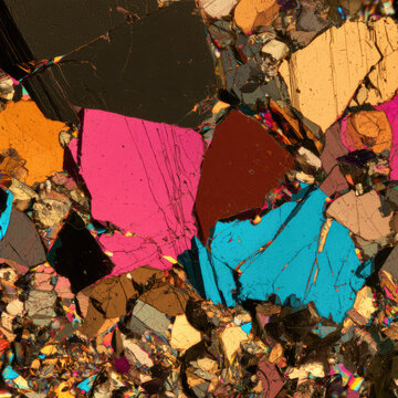 Geology rock thin section polarized light shows interlocking crystal grain with vivid magenta, cyan, gold, and brown interference color, sharp cleavage, fracture, and scientific microscopy detail