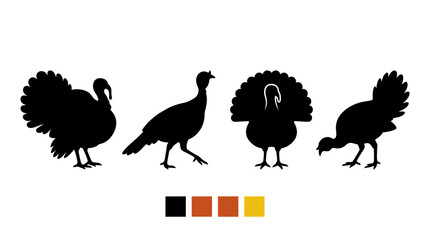 Fototapeta premium Thanksgiving turkey silhouettes set, black vector icons isolated on white for festive design