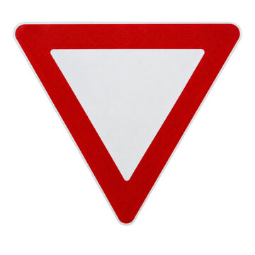 Inverted triangle yield sign with a bold red border isolated on a clean white background surface