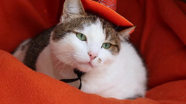 Cute cat in orange witch hat resting on soft blanket. Domestic cat celebrating Halloween, pet supplies, pet costumes. Funny pet in Halloween outfit enjoying rest. Cat costume. Festive atmosphere