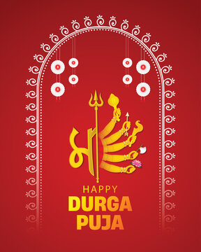 Durga Puja Festival Poster With Ornate Bengali Typography And Decorative Arch vector poster