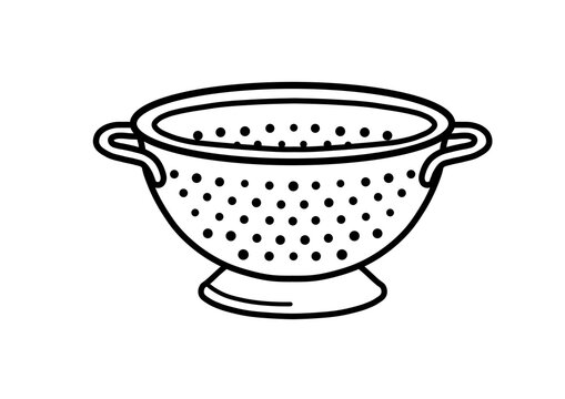 Kitchenware colander bowl line art doodle drawing for coloring page or design element.