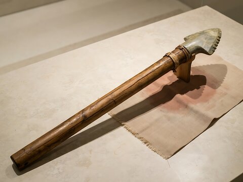 Ancient stone axe with wooden handle on display in a museum
