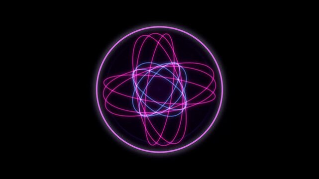 Neon blue and pink orbital rings spinning inside a glowing circle representing atomic structure and futuristic science tech concept for modern digital designs.