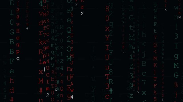 Matrix Digital Code Rain Falling in Vertical Columns with Red Glyphs for Cyber Attack Simulation and Tech Trailer