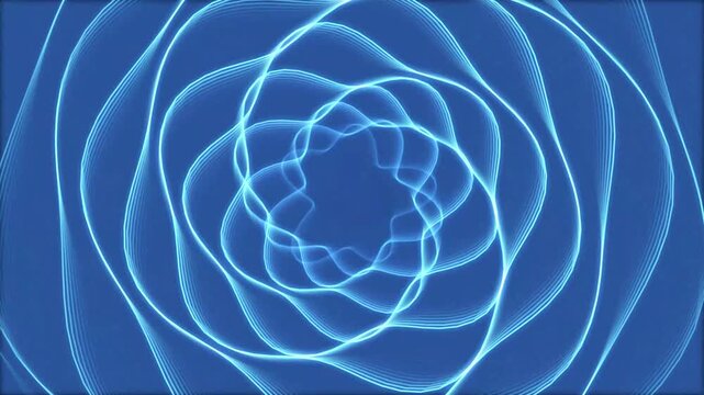 Blue laser lines forming a geometric pattern with a spinning kaleidoscope effect for abstract background design and hypnotic motion graphics art projects.