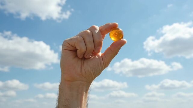Hand holding golden vitamin capsule against blue sky with white clouds