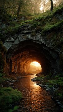 Narrow rocky tunnel path reflecting golden light in forest