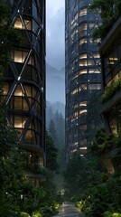 Fototapeta premium Highrise towers integrated with vegetation in forest canyon