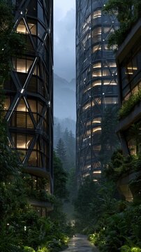 Highrise towers integrated with vegetation in forest canyon