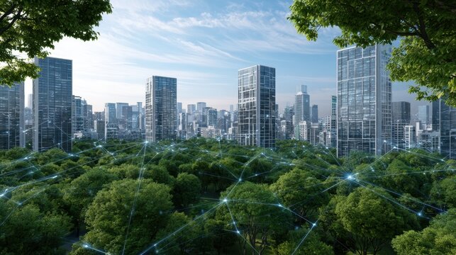City skyscrapers overlooking connected forest canopy network