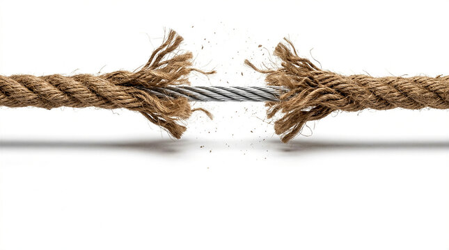 Conceptual image of a frayed rope breaking under tension to reveal a strong steel cable inside, symbolizing resilience, reliability, and nerves of steel, isolated on white